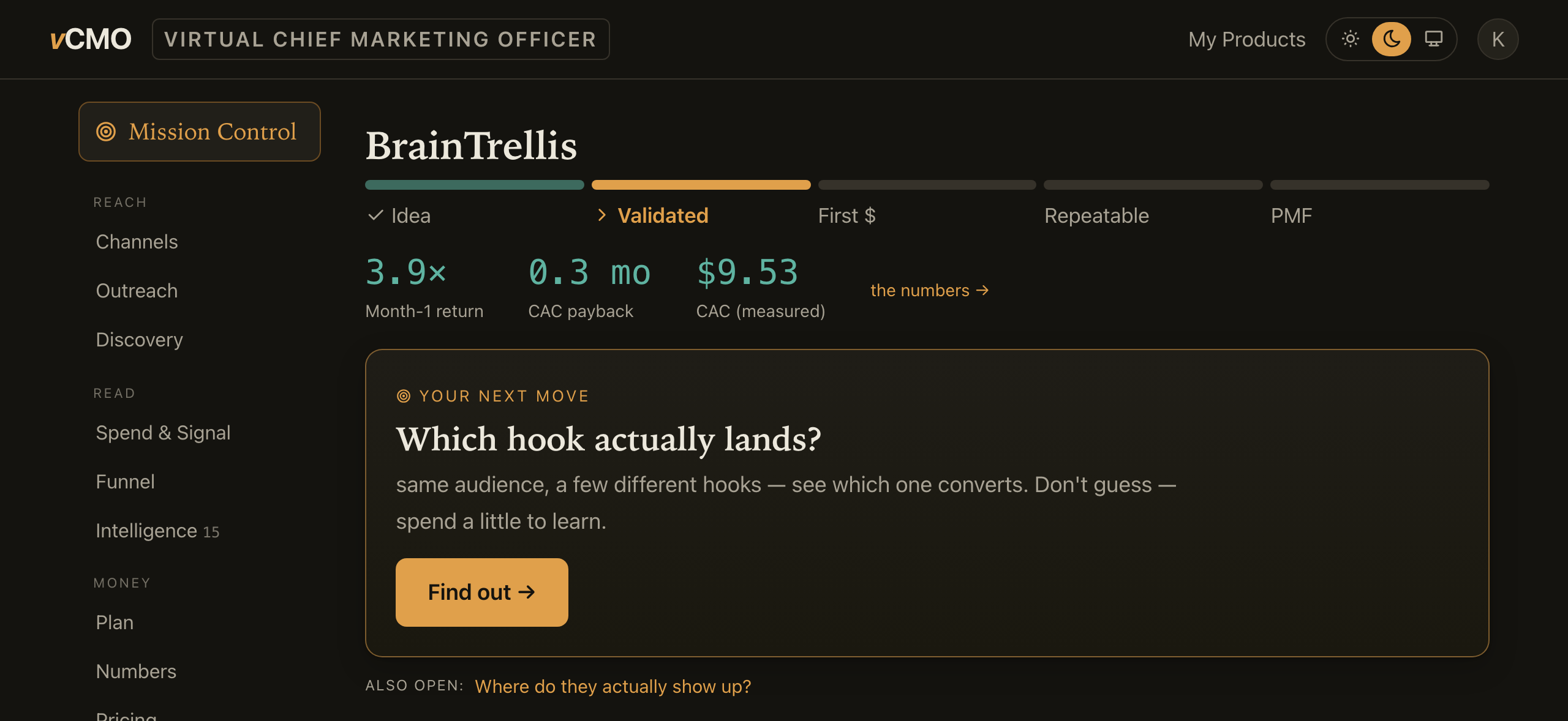 Mission Control — a real run on BrainTrellis
